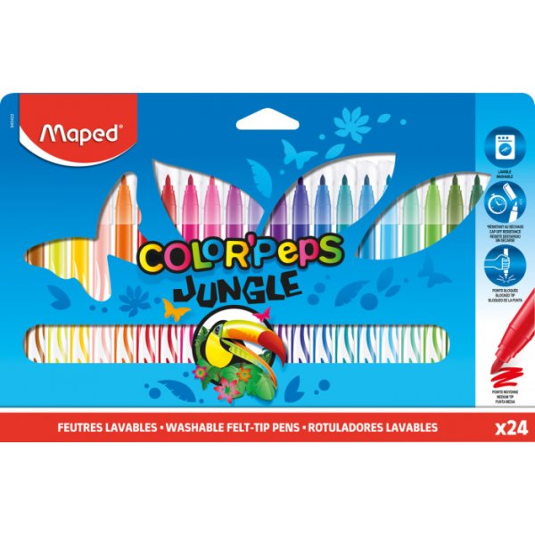 Vezelpennenset - Maped - Color'Peps "Long life" 24 wasbare pennen met jungle-thema