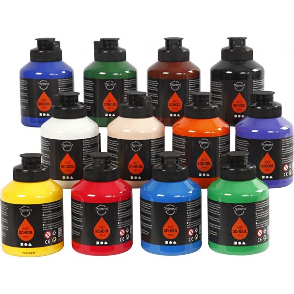 Pigment Art School - standaardkleuren - halfglanzend - 12 x 500 ml Pigment Art School - standaardkleuren - halfglanzend - 12 x 500 ml