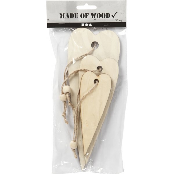 Houten decoraties - langwerpig hart - 3 st Houten decoraties - langwerpig hart - 3 st