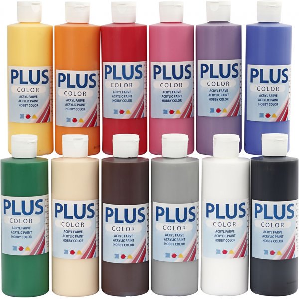 Plus Color Hobbyverf - standaardkleuren - 12 x 250 ml Plus Color Hobbyverf - standaardkleuren - 12 x 250 ml