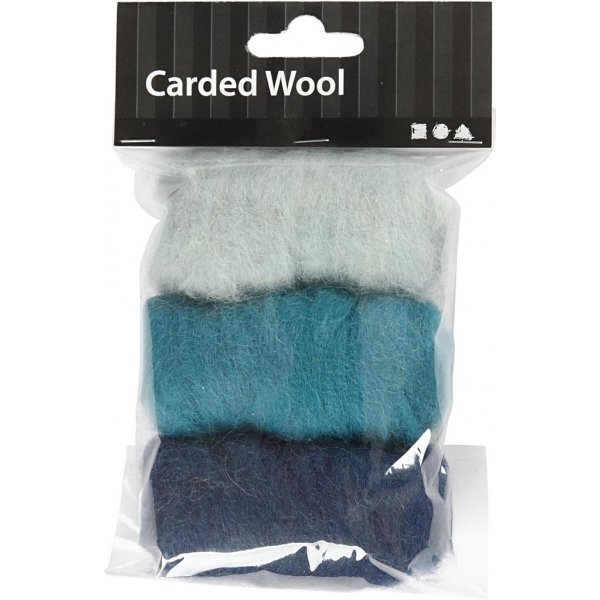 Gekaarde Wol - blauwe harmonie - 3 x 10 gr Gekaarde Wol - blauwe harmonie - 3 x 10 gr