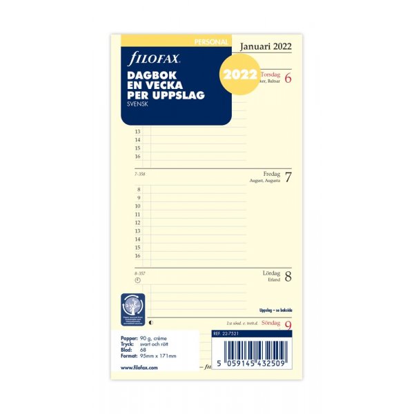 Navulling voor Systeemkalender Persoonlijk 2022 - Wekelijks verspreid Zweeds