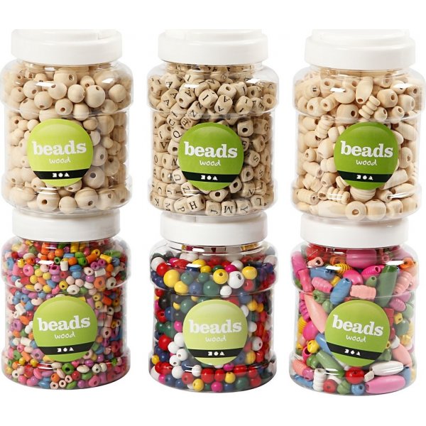 Houten kralen - gemengde kleuren en maten - 6 x 400 ml
