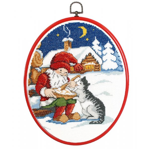 Borduurpakket Schilderij - Kerstman met pap en kat