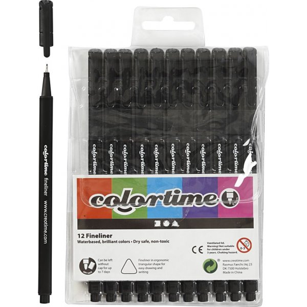 Colortime Fineliner Marker - zwart - 12 st