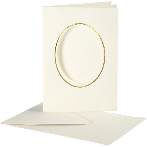 Passepartout kaart met envelop - gebroken wit - ovaal met gouden rand - 10 sets
