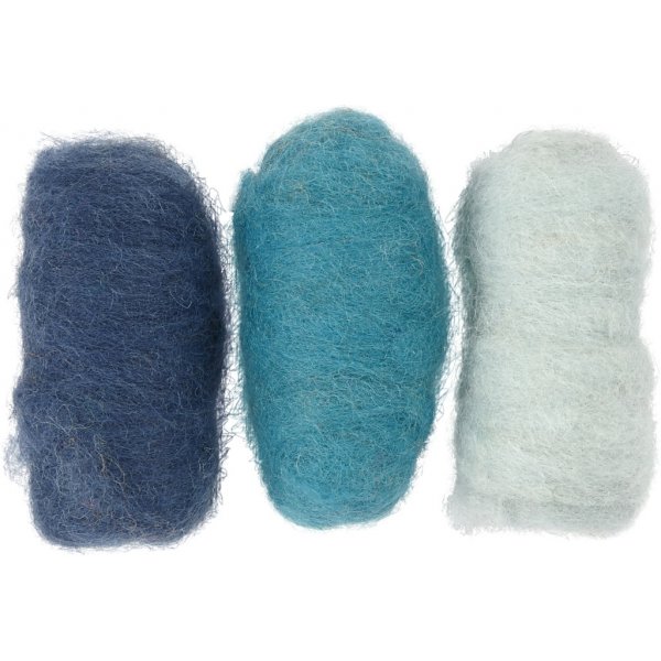 Gekaarde Wol - blauwe harmonie - 3 x 10 gr Gekaarde Wol - blauwe harmonie - 3 x 10 gr