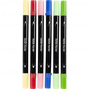 Textielmarkers, gemengde kleuren, dubbele punt, 2,3-3,6 mm, 6 stuks Textielmarkers, gemengde kleuren, dubbele punt, 2,3-3,6 mm, 6 stuks