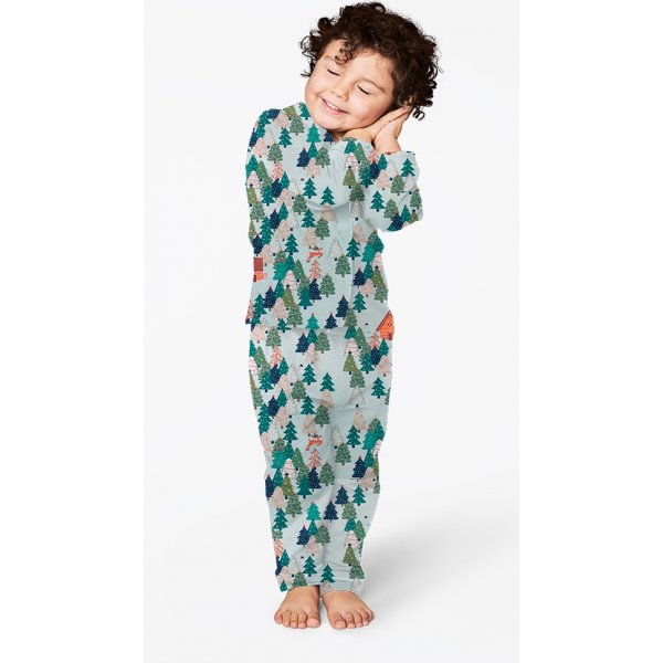 Patroonjersey 145 cm - peperkoekhuisjes - dennenbomen - lichtblauw Patroonjersey 145 cm - peperkoekhuisjes - dennenbomen - lichtblauw