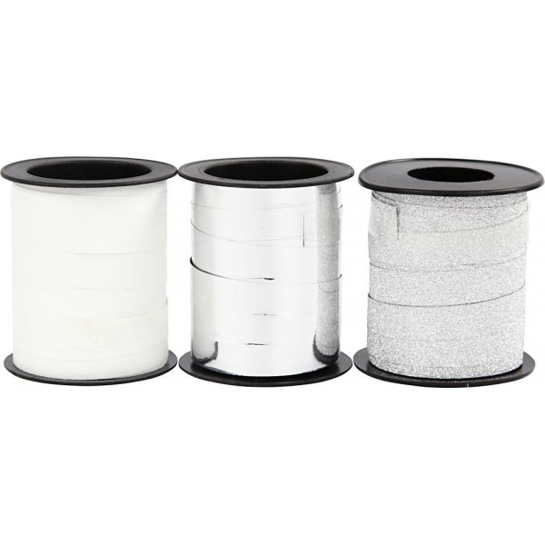 Cadeaukoord - zilver - zilver glitter - wit - 3 x 15 m