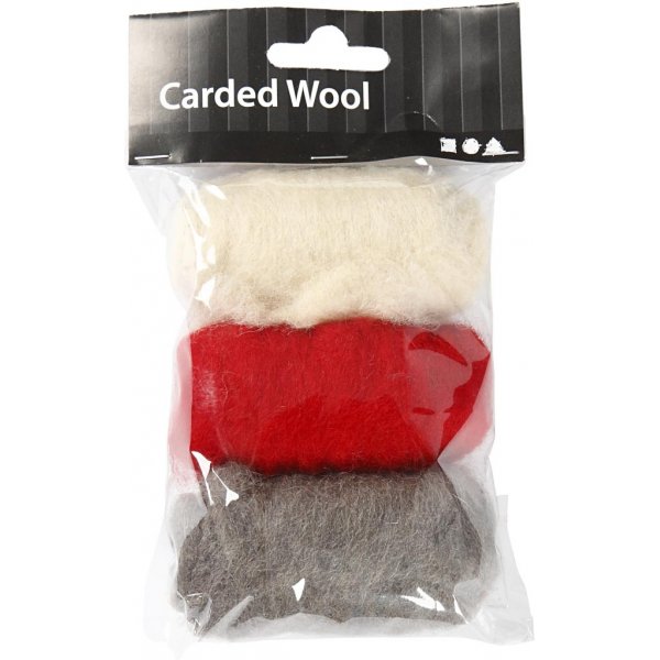 Gekaarde Wol - rood/wit harmonie - 3 x 10 gr Gekaarde Wol - rood/wit harmonie - 3 x 10 gr