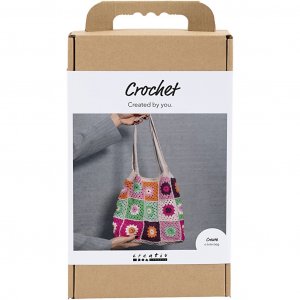 DIY-pakket voor een gehaakte tas met granny squares in kleurrijke crèmekleur, 36 x 38 cm DIY-pakket voor een gehaakte tas met granny squares in kleurrijke crèmekleur, 36 x 38 cm