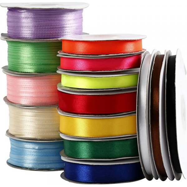 Satijnen lint - assortiment - gemengde kleuren - 15 rollen