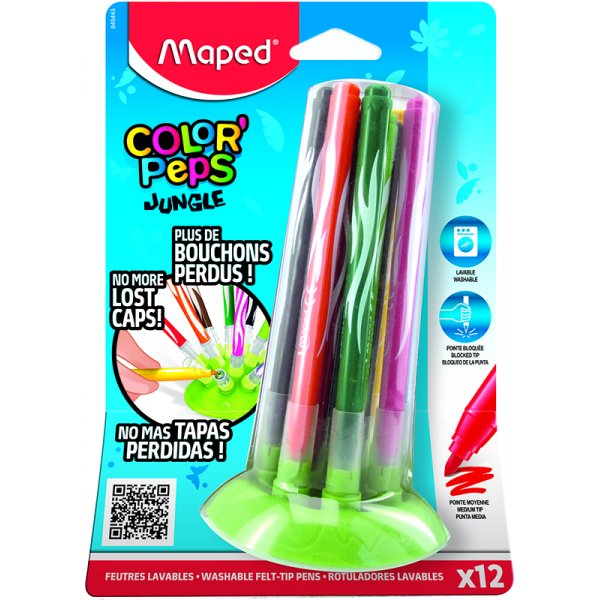 Vezelpennenset - Maped - Color'Peps "Long life" 12 wasbare pennen met jungle-thema en innovatieve doppen