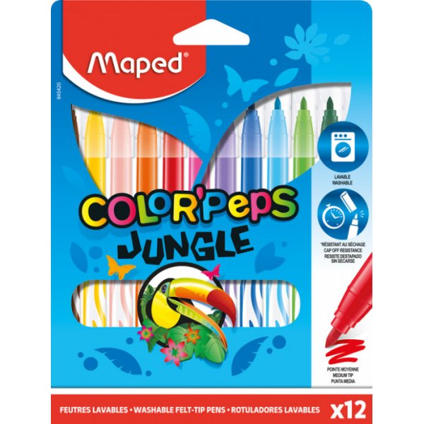 Vezelpennenset - Maped - Color'Peps "Long life" 12 wasbare pennen met jungle-thema