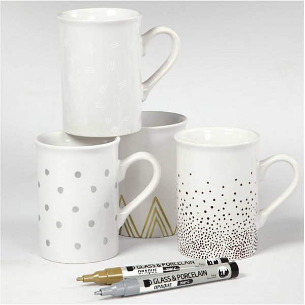 Glas- en porseleinstift - bruin - goud - zilver - wit - semi-dekkend - 1-2 mm - 4 stuks