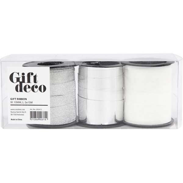 Cadeaukoord - zilver - zilver glitter - wit - 3 x 15 m Cadeaukoord - zilver - zilver glitter - wit - 3 x 15 m