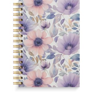 Notitieboekje A5 met paarse bloemen, gelinieerd, spiraalgebonden.
