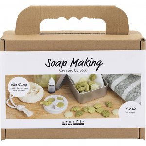 Mini doe-het-zelf zeepmaakset met schelpvormige loofah en olijfgroene minizeepjes Mini doe-het-zelf zeepmaakset met schelpvormige loofah en olijfgroene minizeepjes