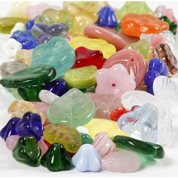 Glaskralen - gemengde kleuren - blad - bloem - 60 gr