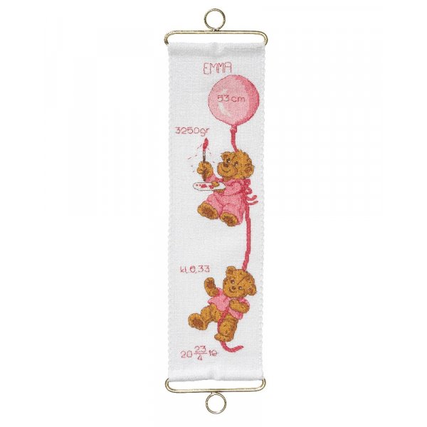 Borduurpakket Geboortesluier - Teddybeer en ballon Meisje