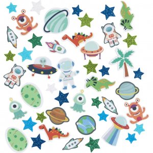 Schuimstickers met sterren, UFO's en dinosaurussen, 13-40 mm, blauw/grijs, 150 stuks
