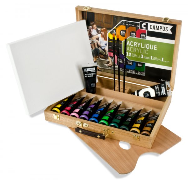 Acrylverfset Campus - Houten kist 12 tubes 100 ml + accessoires