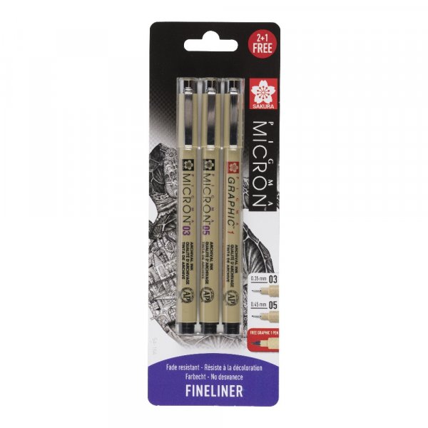 Fineliner Pigma Micron Set - 3 pennen (03, 05, 1)