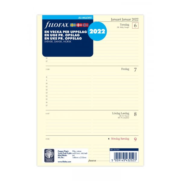 Navulling voor systeemkalender A5 2022 - wekelijks verspreid