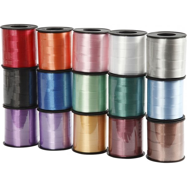 Cadeaukoord - gemengde kleuren - glanzend - 15 x 50 m Cadeaukoord - gemengde kleuren - glanzend - 15 x 50 m