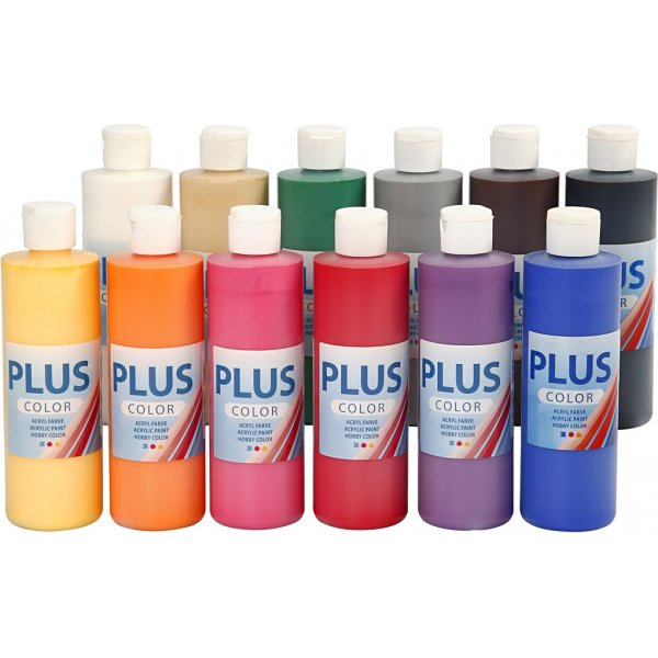 Plus Color Hobbyverf - standaardkleuren - 12 x 250 ml Plus Color Hobbyverf - standaardkleuren - 12 x 250 ml
