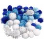 Pompons - lichtblauw - donkerblauw - wit - 48 st