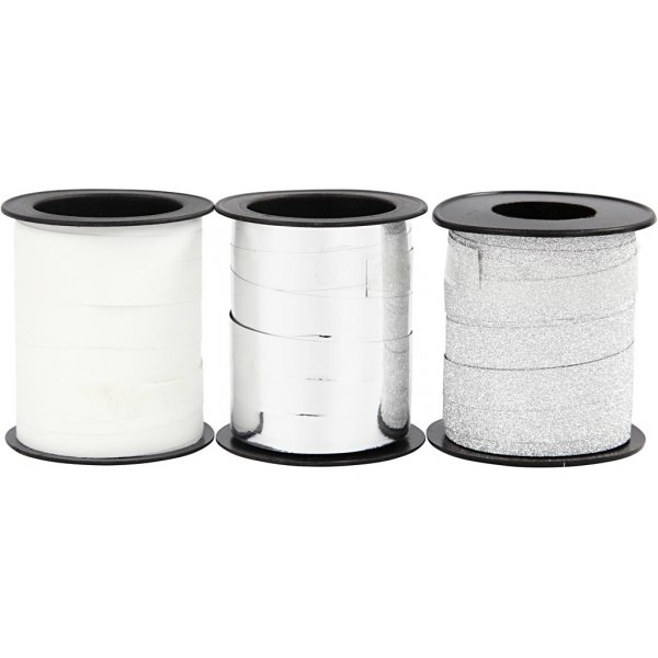 Cadeaukoord - zilver - zilver glitter - wit - 3 x 15 m Cadeaukoord - zilver - zilver glitter - wit - 3 x 15 m