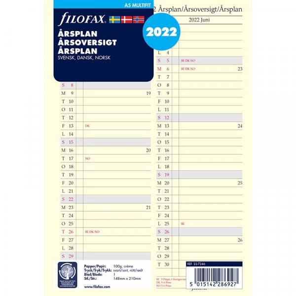 Navulling voor systeemkalender A5 2022 - jaarplan