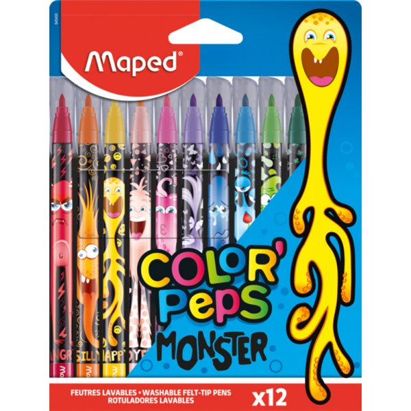 Vezelpotloodset - Maped - Color'Peps "Long life" 12 wasbare potloden met monstermotief