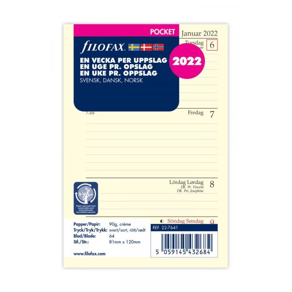 Navulling voor systeemkalender Pocket 2022 - Weekverspreiding Zweeds/Deens/Noors