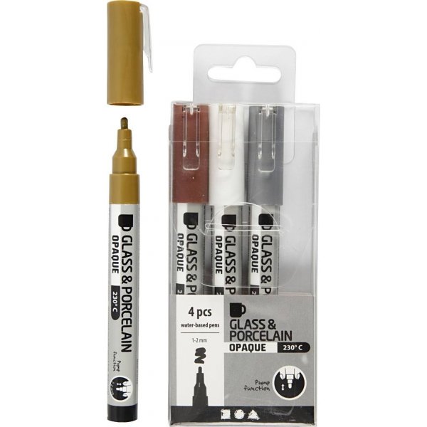 Glas- en porseleinstift - bruin - goud - zilver - wit - semi-dekkend - 1-2 mm - 4 stuks