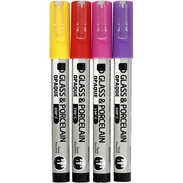 Glas- en porseleinstift - oranje - paars - lichtrood - geel - semi-dekkend - 1-2 mm - 4 stuks