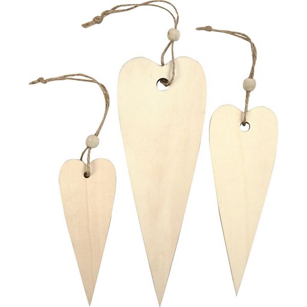 Houten decoraties - langwerpig hart - 3 st