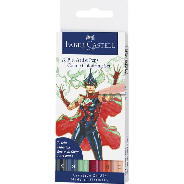Tekenpennenset - Faber-Castell Oost-Indische inkt Pitt Artist Pen Comic - 6 gekleurde pennen