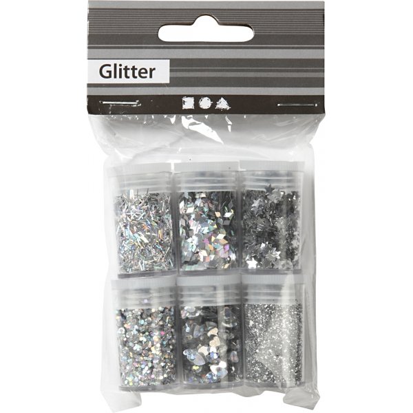 Glitter en pailletten - zilver - 6 x 5 gr Glitter en pailletten - zilver - 6 x 5 gr