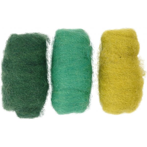 Gekaarde wol - groen/turkoois harmonie - 3 x 10 gr Gekaarde wol - groen/turkoois harmonie - 3 x 10 gr