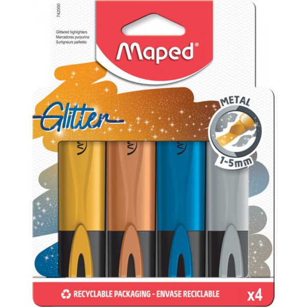 Markeerstiften - Maped - Etui glitter metaal 4-pack
