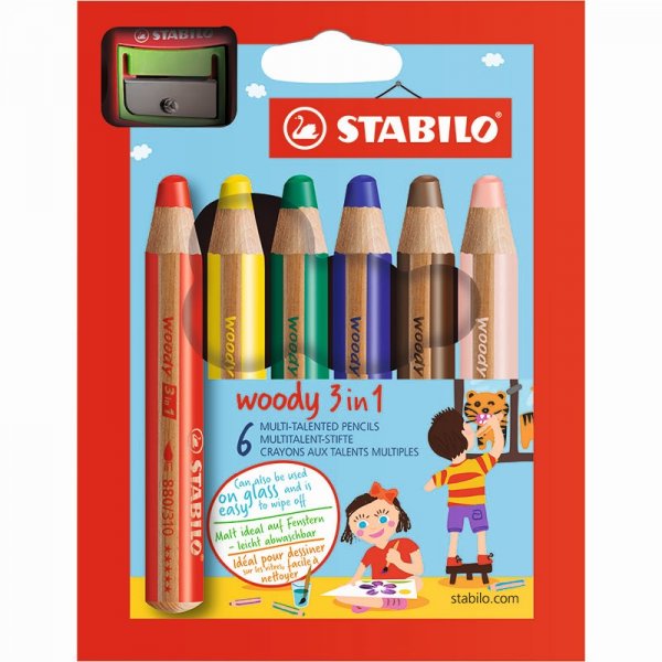 Kleurpotlood Woody met puntenslijper - 6-pack