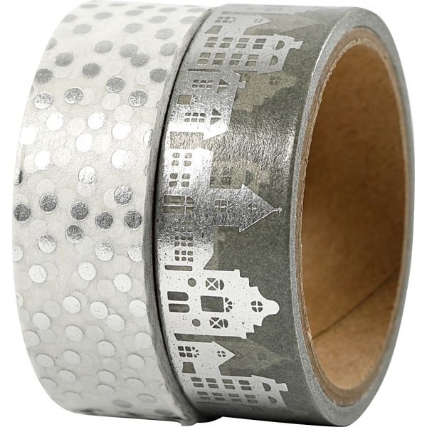 Washite tape - zilver - huisjes en stippen - folie - 2 x 4 m