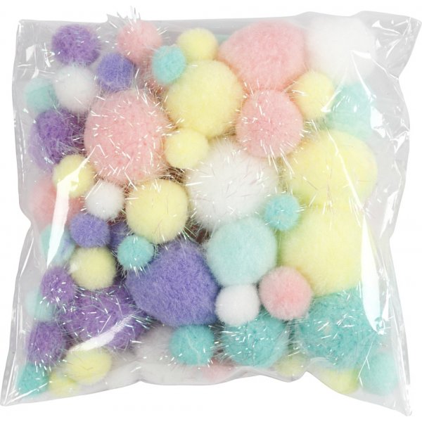 Pompons - pastelkleuren - glitter - 62 gr Pompons - pastelkleuren - glitter - 62 gr