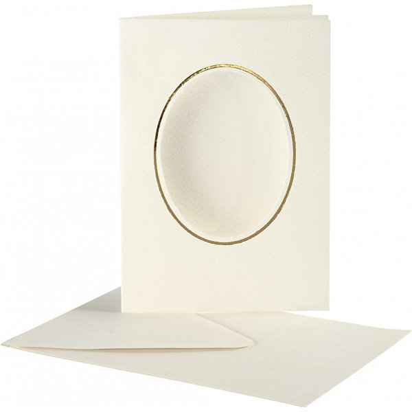 Passepartout kaart met envelop - gebroken wit - ovaal met gouden rand - 10 sets