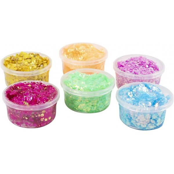 Glitterklei, gemengde kleuren, 6x20 ml Glitterklei, gemengde kleuren, 6x20 ml