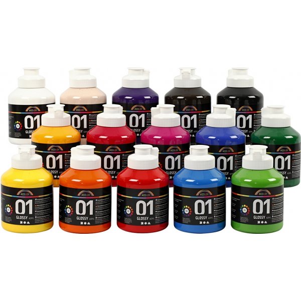 Schoolverf - Acryl - gemengde kleuren - glanzend - 15 x 500 ml Schoolverf - Acryl - gemengde kleuren - glanzend - 15 x 500 ml