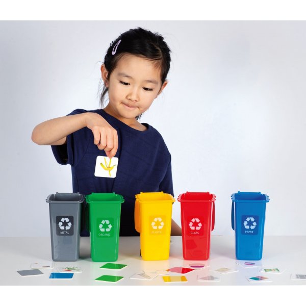 Recyclingspel met 5 bakken en sorteerkaarten Recyclingspel met 5 bakken en sorteerkaarten